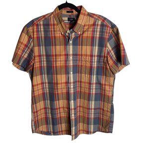 J Crew Men's Large Slim Plaid Short Sleeve Button Down Shirt Orange Cotton Blue
